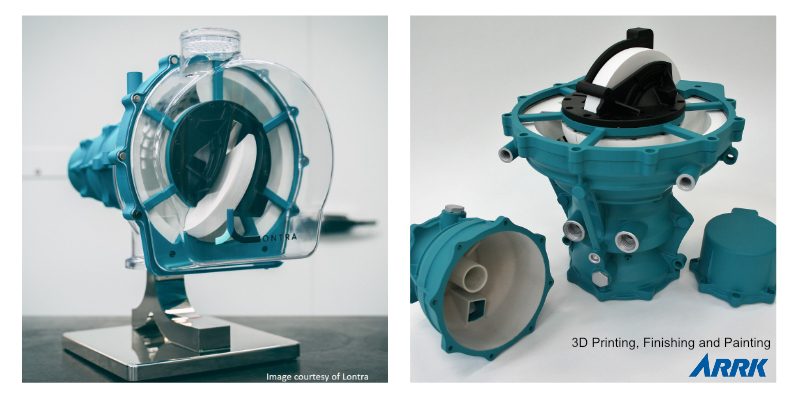 compresor-impresión-3D-modelo-sls-pintado-verde-carcasa-sla-transparente